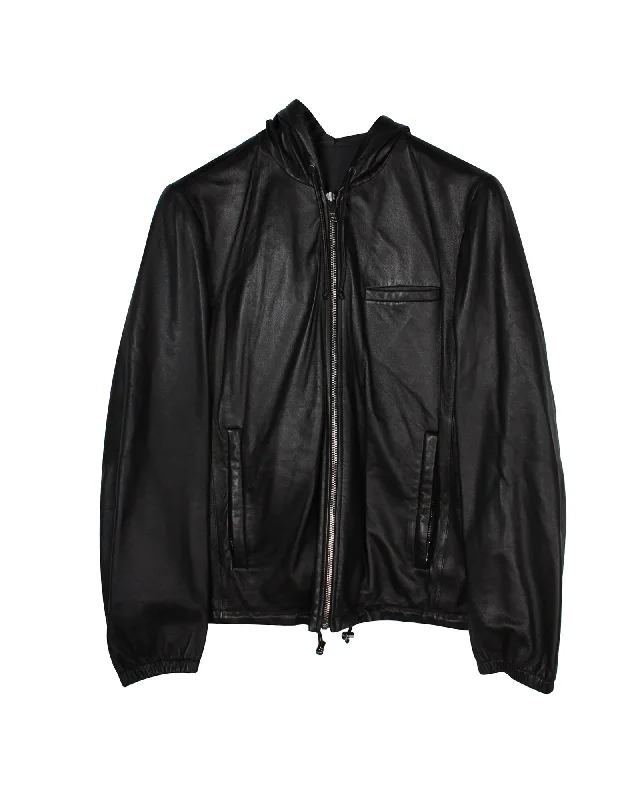 Prada Reversible Zip Front Hooded Jacket in Black Lambskin Leather