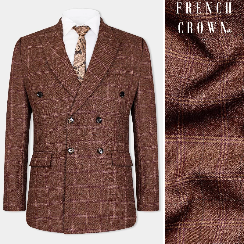 Bole Brown Windowpane Tweed Double Breasted Blazer