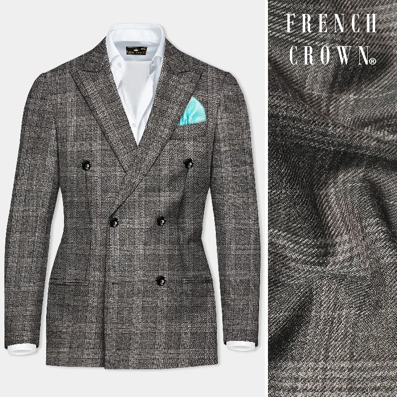 Iridium Gray Plaid Tweed Wool Blend Double Breasted Blazer