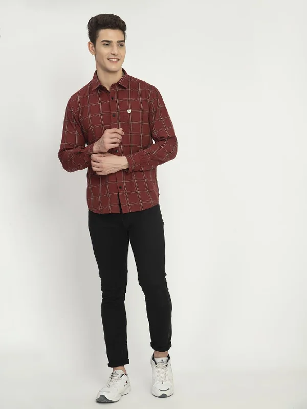 Men’s Checkered Maroon Spread Collar Shirt