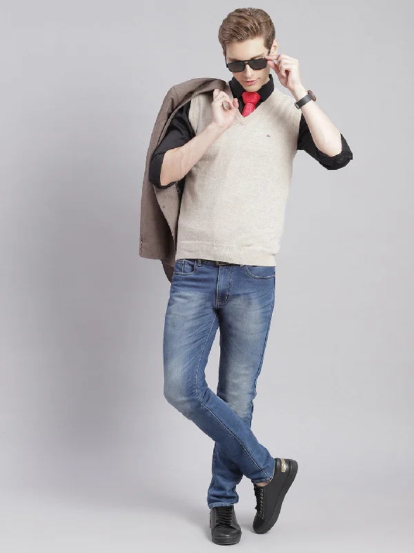 Men Beige Solid V Neck Sleeveless Sweaters/Pullovers