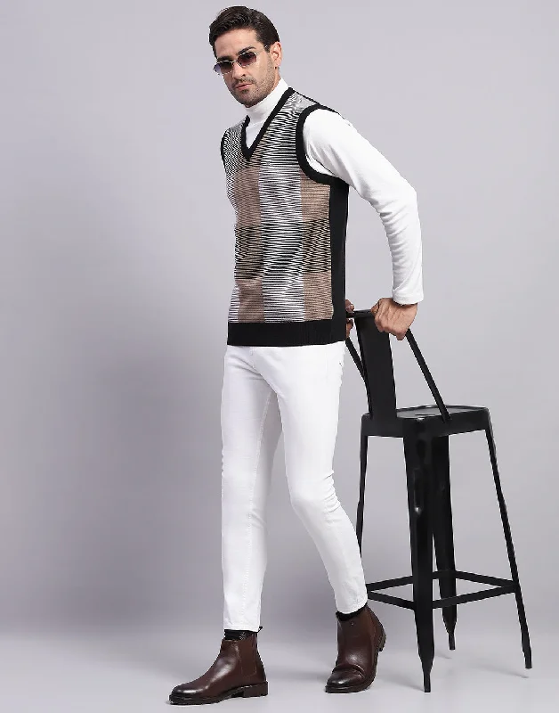 Men Black Self Design V Neck Sleeveless Sweater