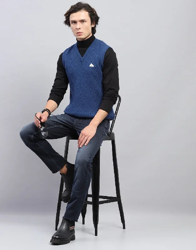 Men Blue Self Design V Neck Sleeveless Sweater