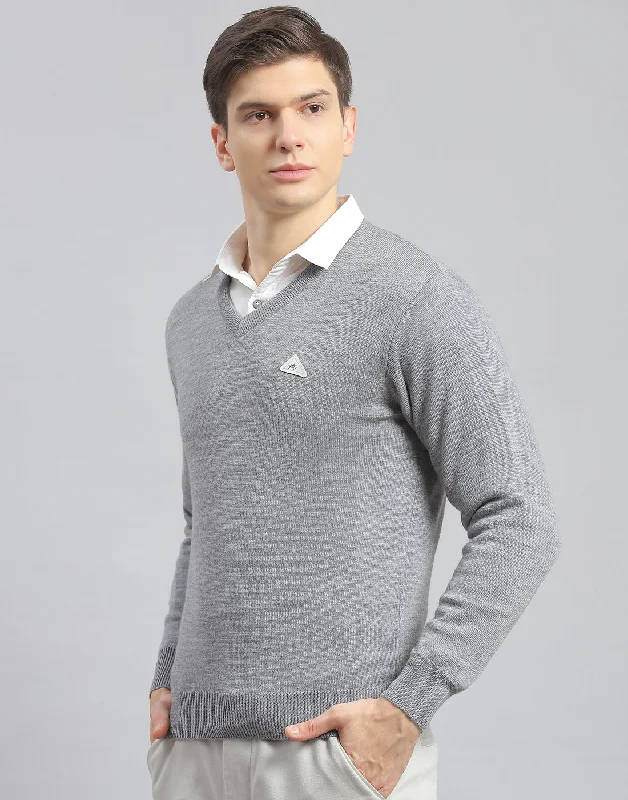 Men Grey Melange Solid V Neck Full Sleeve Pullover