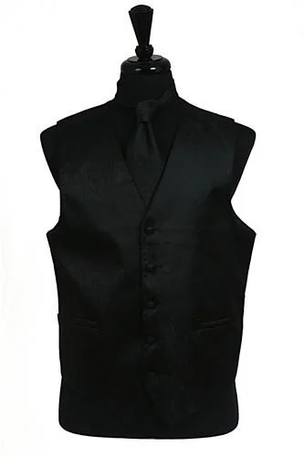 Men's Black Paisley Vest with Neck Tie