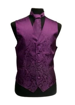 Men's Eggplant Paisley Vest with Neck Tie