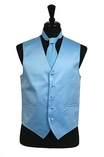 Men's Light Blue Satin Vest with Neck Tie