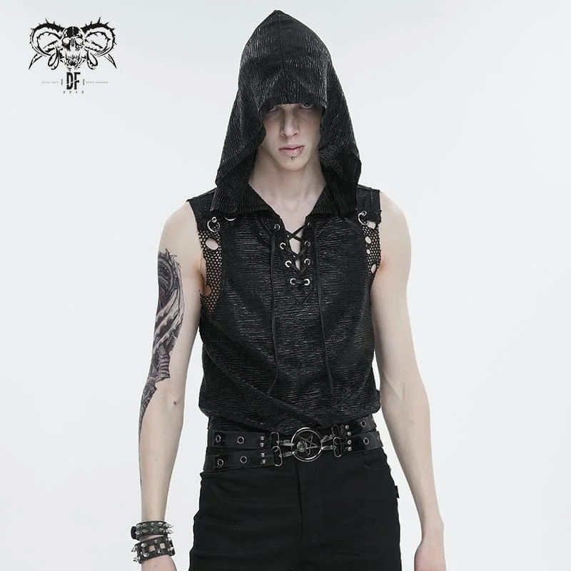 Men's Punk Strappy Mesh Splice Vest with Hood