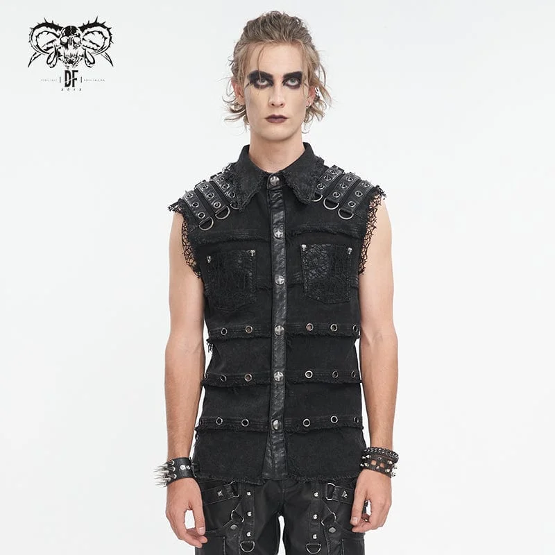 Men's Punk Studded Distressed Unedged Vest