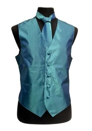 Men's Teal Blue Vest with Neck Tie, Bow Tie, Hanky