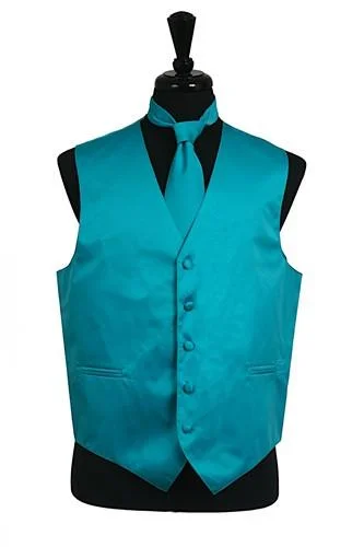 Men's Turquoise Satin Vest with Neck Tie