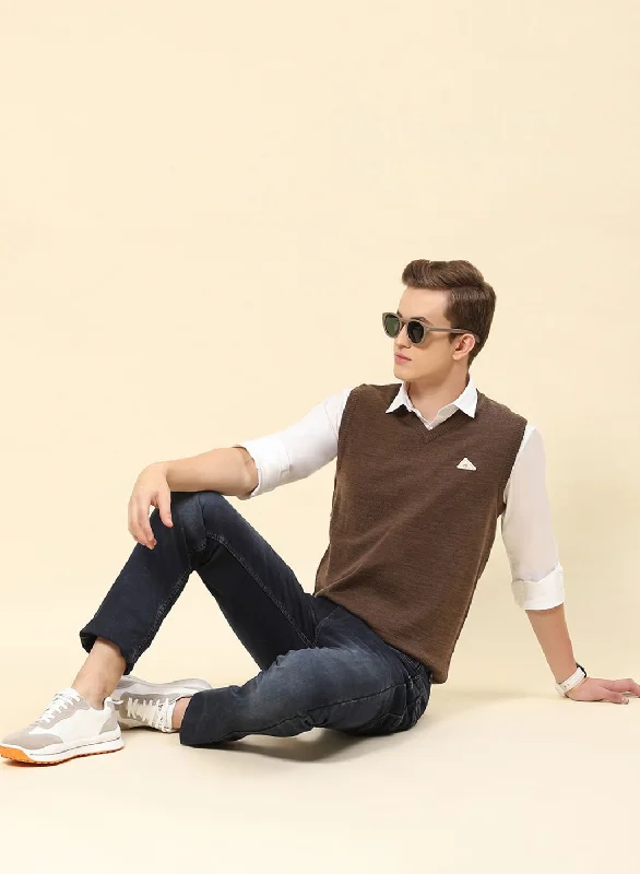 Men Brown Solid Blend wool Sweater